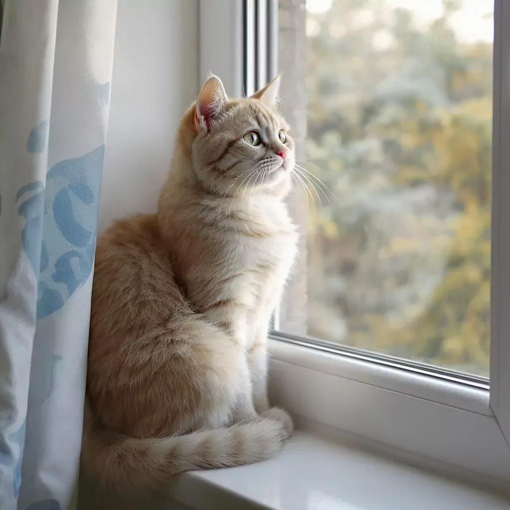 Cute Cat Sitting on a Windowsill Looking Outside