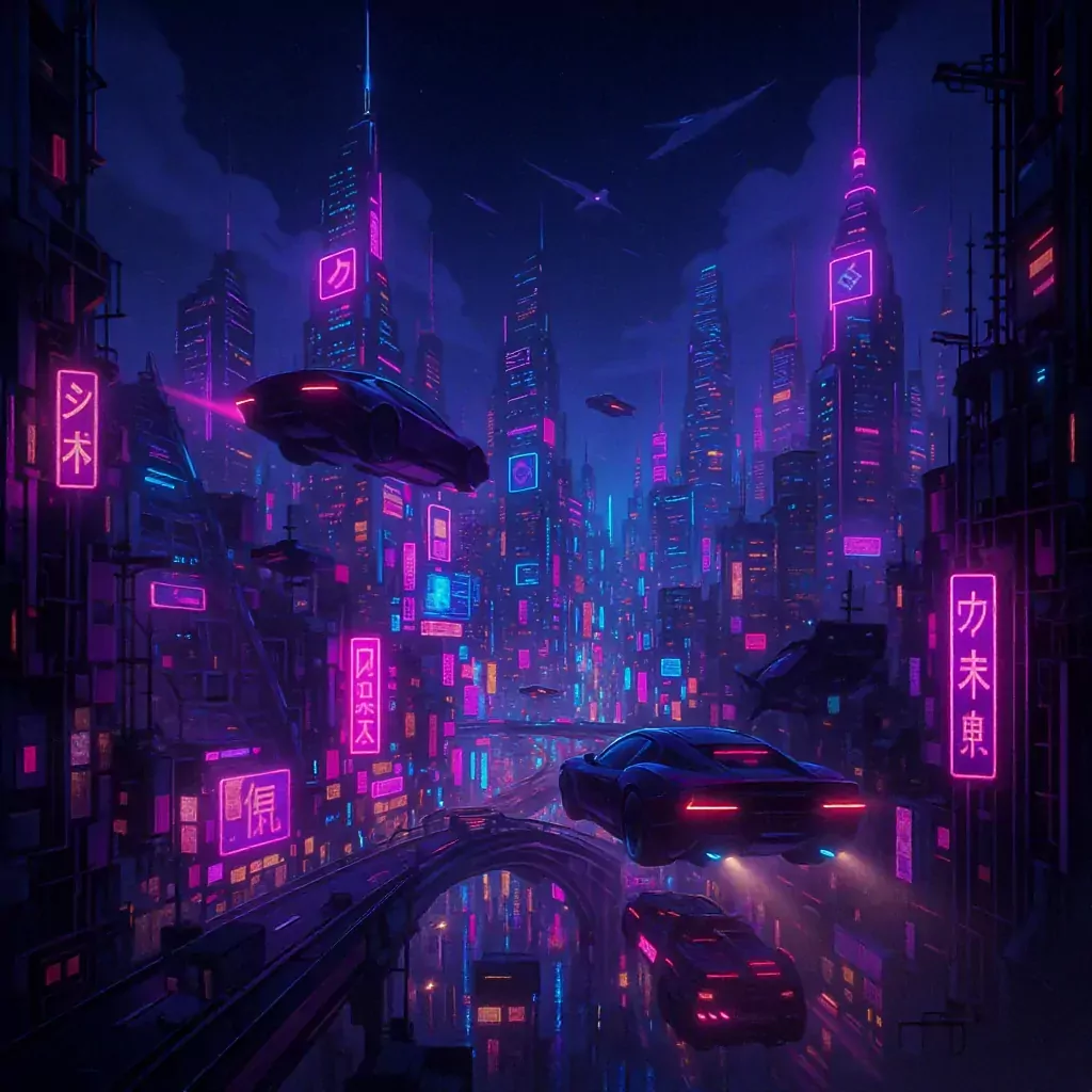 Futuristic City at Night with Neon Lights and Flying Cars