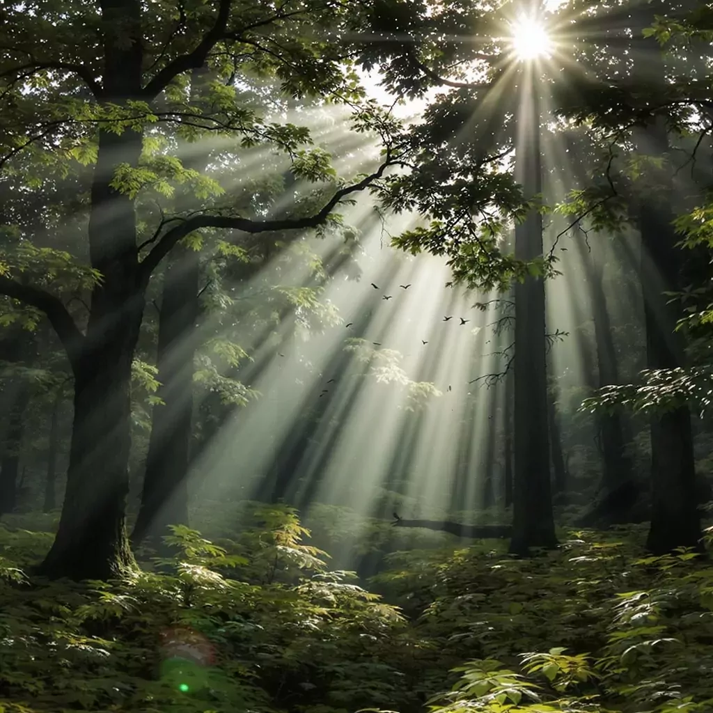 Peaceful Forest with Sunlight Filtering Through Trees, Birds Flying, and a Wooden Path
